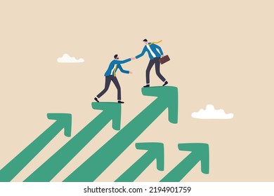 Business Mentor, Coaching Or Consult To Help Success, Leadership Or Support To Grow Business Or Career, Advice And Trust To Help Improve, Businessman Mentor Help Coworker To Climb Growth Arrow Chart.