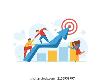 Business mentor giving hands and helping team partner up to profit growth vector illustration.  Employee helps to improve career. Teamwork, cooperation, coaching and development strategy concept.
