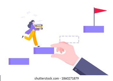 Business mentor helps to improve career and holding stairs stepr vector illustration. Mentorship, upskills and self development strategy flat style design business concept.