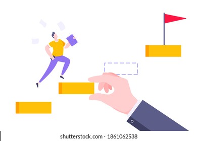 Business Mentor Helps To Improve Career And Holding Stairs Steps Vector Illustration. Mentorship, Upskills And Self Development Strategy Flat Style Design Business Concept.