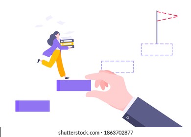 Business Mentor Helps To Improve Career And Holding Stairs Stepr Vector Illustration. Mentorship, Upskills And Self Development Strategy Flat Style Design Business Concept.