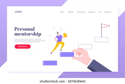 Business mentor helps to improve career and holding stairs steps vector illustration. Mentorship, upskills and self development strategy flat style design business landing page concept.