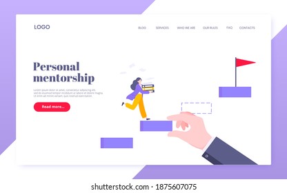 Business mentor helps to improve career and holding stairs steps vector illustration. Mentorship, upskills and self development strategy flat style design business landing page concept.