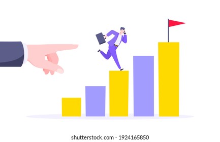 Business mentor helps to improve career and holding stairs steps vector illustration. Mentorship, upskills and self development strategy flat style design business concept.