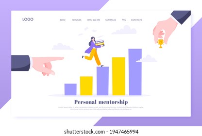 Business Mentor Helps To Improve Career And Holding Stairs Steps Vector Illustration. Mentorship, Upskills And Self Development Strategy Flat Style Design Business Concept.