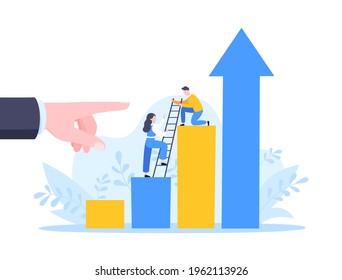 Business mentor helps to improve career and holding stairs steps vector illustration. Mentorship, upskills, climb help and self development strategy flat style design business concept.