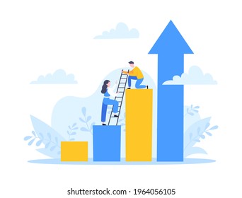 Business mentor helps to improve career and holding stairs steps vector illustration. Mentorship, upskills, climb help and self development strategy flat style design business concept.