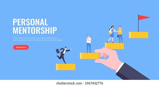 Business mentor helps to improve career and holding stairs steps vector illustration. Mentorship, upskills and self development strategy flat style design business concept.