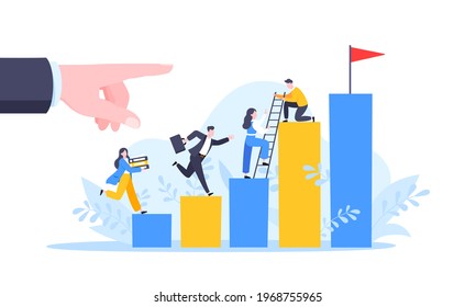 Business Mentor Helps To Improve Career And Holding Stairs Steps Vector Illustration. Mentorship, Upskills And Self Development Strategy Flat Style Design Business Concept.