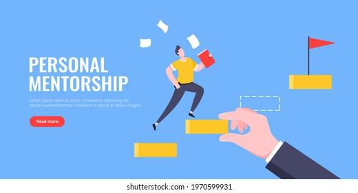 Business mentor helps to improve career and holding stairs steps vector illustration. Mentorship, upskills and self development strategy flat style design business concept.