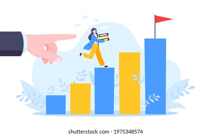 Business mentor helps to improve career and holding stairs steps vector illustration. Mentorship, upskills and self development strategy flat style design business concept.