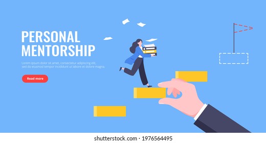 Business mentor helps to improve career and holding stairs steps vector illustration. Mentorship, upskills and self development strategy flat style design business concept.