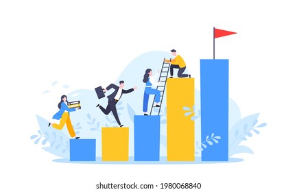 Business Mentor Helps To Improve Career And Holding Stairs Steps Vector Illustration. Mentorship, Upskills, Climb Help And Self Development Strategy Flat Style Design Business Concept.