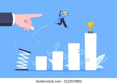 Business mentor helps to improve career with springboard vector illustration. Business person jumps above career ladder graph. Success growth, motivation opportunity, boost career concept.