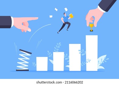 Business mentor helps to improve career with springboard vector illustration. Business person jumps above career ladder graph. Success growth, motivation opportunity, boost career concept.