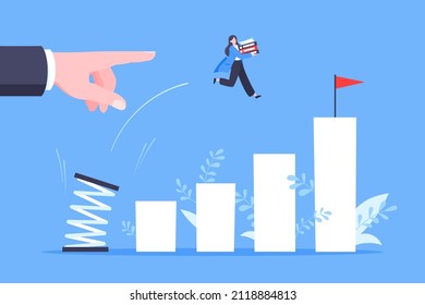 Business mentor helps to improve career with springboard vector illustration. Business person jumps above career ladder graph. Success growth, motivation opportunity, boost career concept.