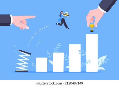 Business Mentor Helps To Improve Career With Springboard Vector Illustration. Business Person Jumps Above Career Ladder Graph. Success Growth, Motivation Opportunity, Boost Career Concept.