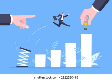 Business mentor helps to improve career with springboard vector illustration. Business person jumps above career ladder graph. Success growth, motivation opportunity, boost career concept.