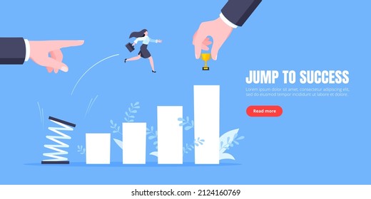 Business mentor helps to improve career with springboard vector illustration. Business person jumps above career ladder graph. Success growth, motivation opportunity, boost career concept.
