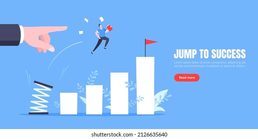 Business mentor helps to improve career with springboard vector illustration. Business person jumps above career ladder graph. Success growth, motivation opportunity, boost career concept.