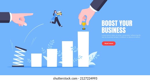Business mentor helps to improve career with springboard vector illustration. Business person jumps above career ladder graph. Success growth, motivation opportunity, boost career concept.