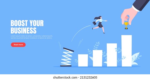 Business mentor helps to improve career with springboard vector illustration. Business person jumps above career ladder graph. Success growth, motivation opportunity, boost career concept.