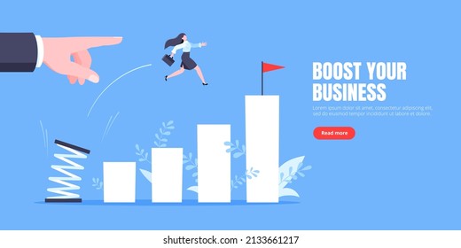 Business mentor helps to improve career with springboard vector illustration. Business person jumps above career ladder graph. Success growth, motivation opportunity, boost career concept.