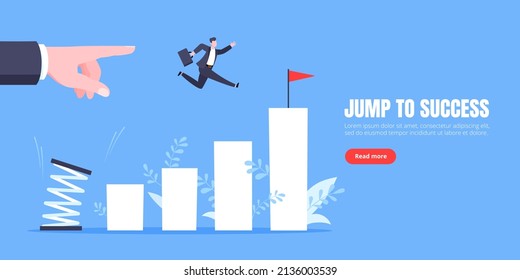 Business mentor helps to improve career with springboard vector illustration. Business person jumps above career ladder graph. Success growth, motivation opportunity, boost career concept.