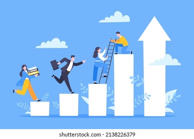 Business mentor helps to improve career and holding stairs steps vector illustration. Mentorship, upskills, climb help and self development strategy flat style design business concept.