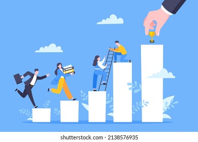 Business mentor helps to improve career and holding stairs steps vector illustration. Mentorship, upskills, climb help and self development strategy flat style design business concept.