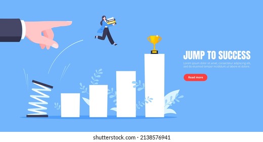 Business mentor helps to improve career with springboard vector illustration. Business person jumps above career ladder graph. Success growth, motivation opportunity, boost career concept.