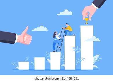 Business mentor helps to improve career and holding stairs steps vector illustration. Mentorship, upskills, climb help and self development strategy flat style design business concept.