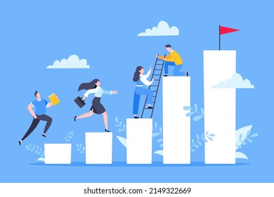 Business mentor helps to improve career and holding stairs steps vector illustration. Mentorship, upskills, climb help and self development strategy flat style design business concept.