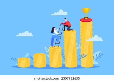 Business mentor helps improve career and money stacks growing. He holds stairs steps vector illustration. Mentorship, upskills, climb help self development strategy flat style design business concept.