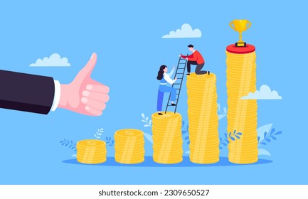 Business mentor helps improve career and money stacks growing. He holds stairs steps vector illustration. Mentorship, upskills, climb help self development strategy flat style design business concept.
