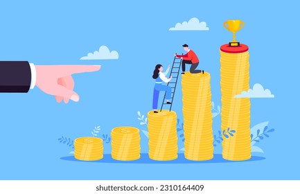 Business mentor helps improve career and money stacks growing. He holds stairs steps vector illustration. Mentorship, upskills, climb help self development strategy flat style design business concept.