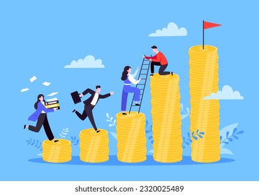 Business mentor helps improve career and money stacks growing. He holds stairs steps vector illustration. Mentorship, upskills, climb help self development strategy flat style design business concept.