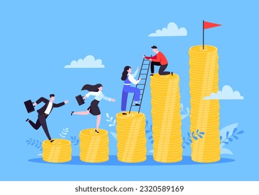 Business mentor helps improve career and money stacks growing. He holds stairs steps vector illustration. Mentorship, upskills, climb help self development strategy flat style design business concept.