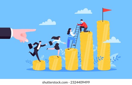 Business mentor helps improve career and money stacks growing. He holds stairs steps vector illustration. Mentorship, upskills, climb help self development strategy flat style design business concept.