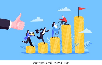 Business mentor helps improve career and money stacks growing. He holds stairs steps vector illustration. Mentorship, upskills, climb help self development strategy flat style design business concept.