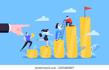 Business mentor helps improve career and money stacks growing. He holds stairs steps vector illustration. Mentorship, upskills, climb help self development strategy flat style design business concept.