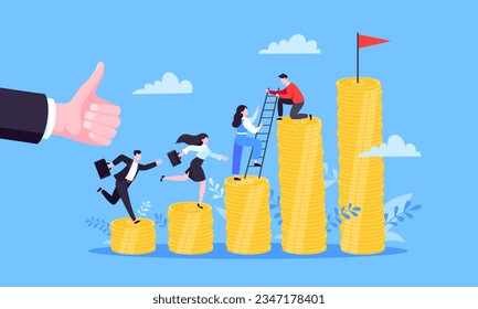 Business mentor helps improve career and money stacks growing. He holds stairs steps vector illustration. Mentorship, upskills, climb help self development strategy flat style design business concept.