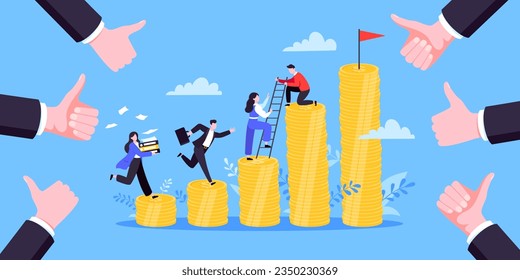 Business mentor helps improve career and money stacks growing. He holds stairs steps vector illustration. Mentorship, upskills, climb help self development strategy flat style design business concept.