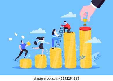 Business mentor helps improve career and money stacks growing. He holds stairs steps vector illustration. Mentorship, upskills, climb help self development strategy flat style design business concept.