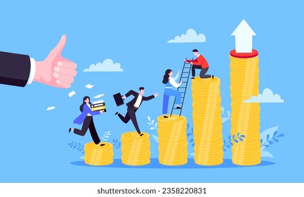 Business mentor helps improve career and money stacks growing. He holds stairs steps vector illustration. Mentorship, upskills, climb help self development strategy flat style design business concept.