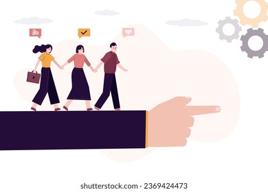 Business mentor helps to improve career and choosing new way. Helping hand, upskills and self development strategy. Mentorship, business support. Group of students walking on giant hand. flat vector