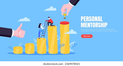 Business mentor helps improve career and money stacks growing. He holds stairs steps vector illustration. Mentorship, upskills, climb help self development strategy flat style design business concept.