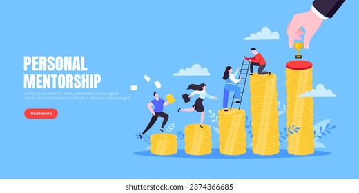 Business mentor helps improve career and money stacks growing. He holds stairs steps vector illustration. Mentorship, upskills, climb help self development strategy flat style design business concept.