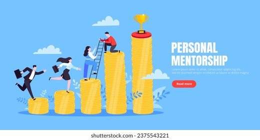 Business mentor helps improve career and money stacks growing. He holds stairs steps vector illustration. Mentorship, upskills, climb help self development strategy flat style design business concept.