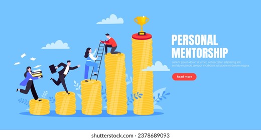 Business mentor helps improve career and money stacks growing. He holds stairs steps vector illustration. Mentorship, upskills, climb help self development strategy flat style design business concept.